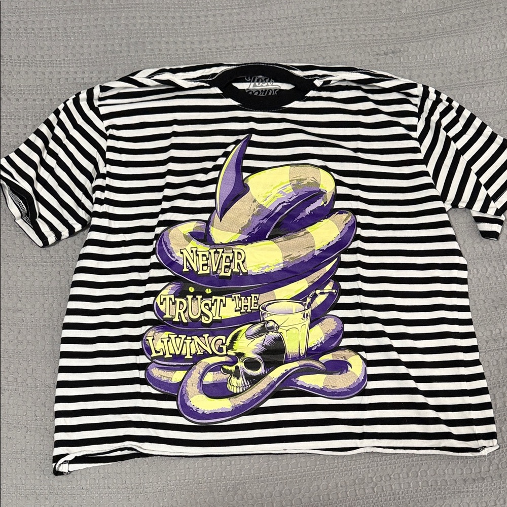 Black and White Striped Tee with Purple and Yellow Graphic
